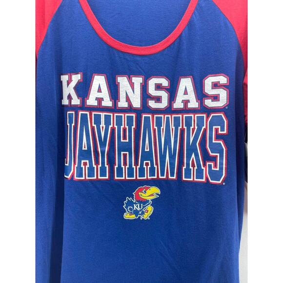 5th & Ocean Kansas Jayhawks Blue Red Baseball Style 3/4 Sleeve Scoop Neck Tshirt - Picture 3 of 6